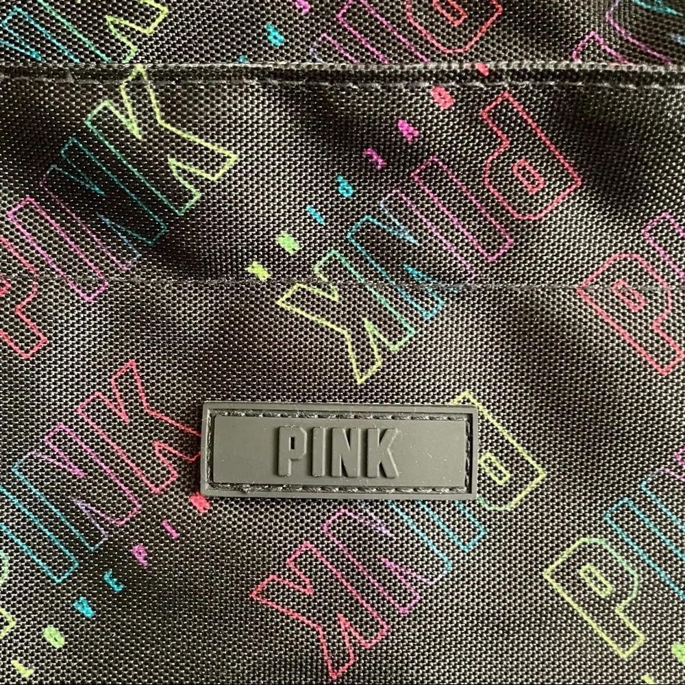 PINK Victoria’s Secret Black Zip Up Tote Bag Black Fluorescent Allover Logo - Picture 5 of 11
